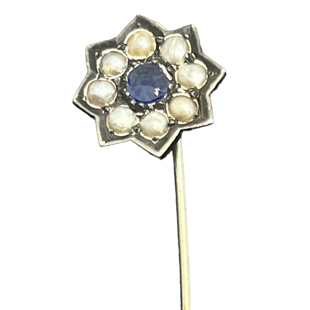 Edwardian silver tone seed pearl blue stone flower stick pin brooch vintage